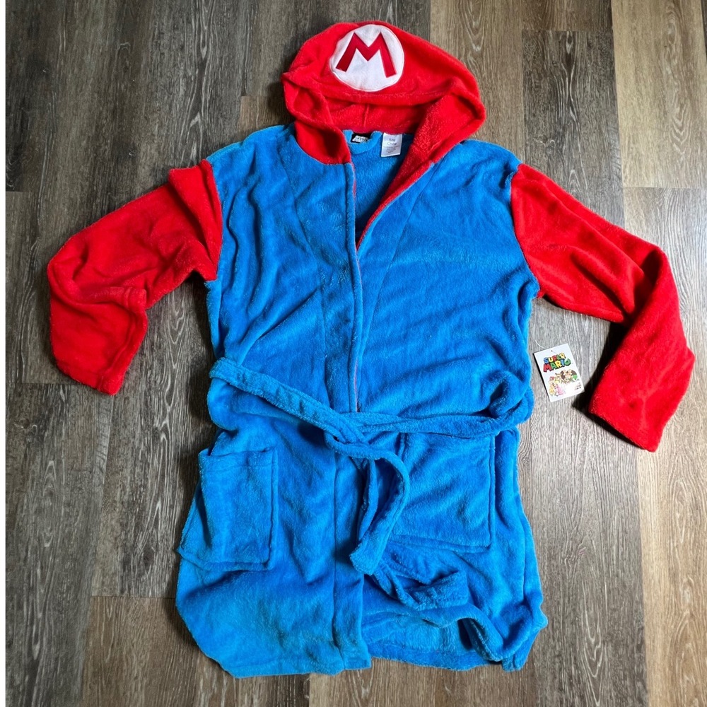Super Mario Hooded Bathrobe Unisex S/M Blue Red Plush Fleece Cosplay Loungewear